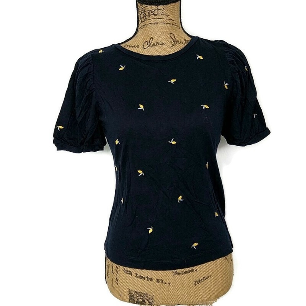 LOFT Top Women XS Navy Blue Embroidered Lemon Puff Sleeve Pima Cotton Blend